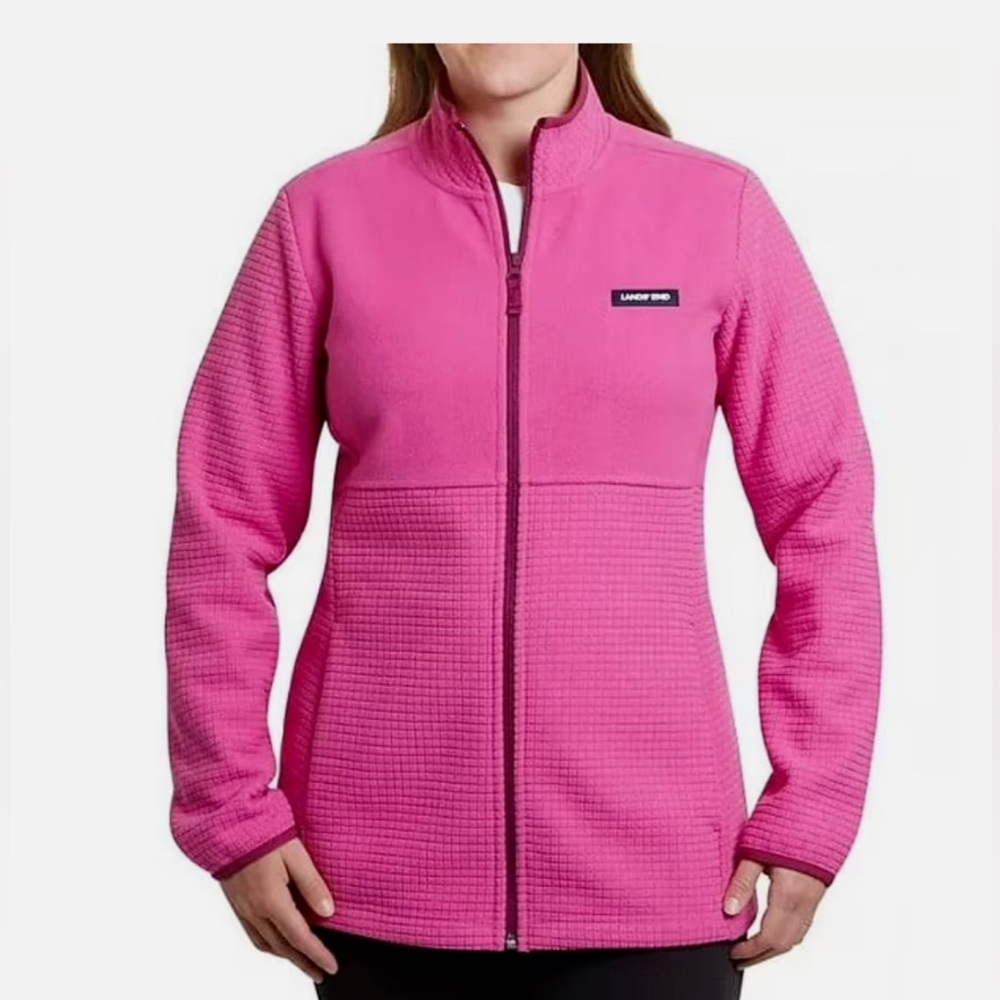 Lands’ End Women’s Long Sleeve Full Zip Grid Fleece Jacket Size XL Hot Pink